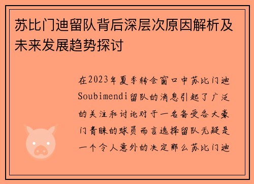 苏比门迪留队背后深层次原因解析及未来发展趋势探讨 苏比门迪留队背后深层次原因解析及未来发展趋势探讨